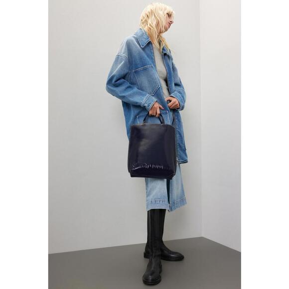 Ganni Handbags - GANNI Navy Patent Banner Medium Tote with Leather Crack and Stain